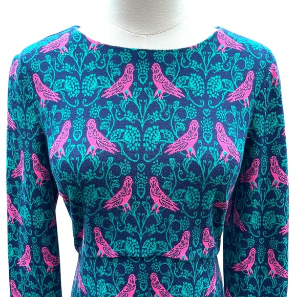 Boden Annie Jacquard A-Line Long Sleeve Teal and Pink Bird Print Dress Size 6R - Picture 3 of 16